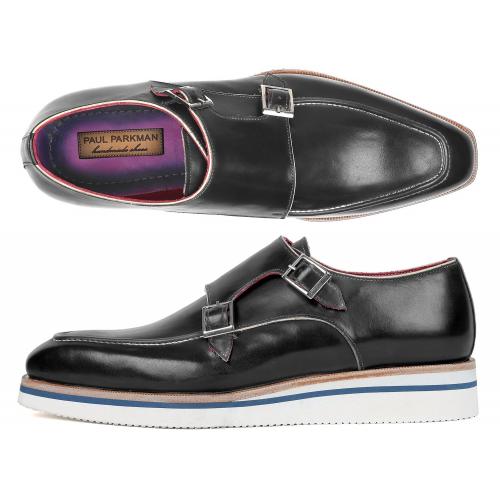 Paul Parkman "189-BLK" Black Genuine Calfskin Monkstrap Shoes.