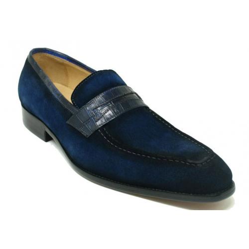 Carrucci Navy Genuine Suede / Leather Trim Penny Loafer KS478-119S.