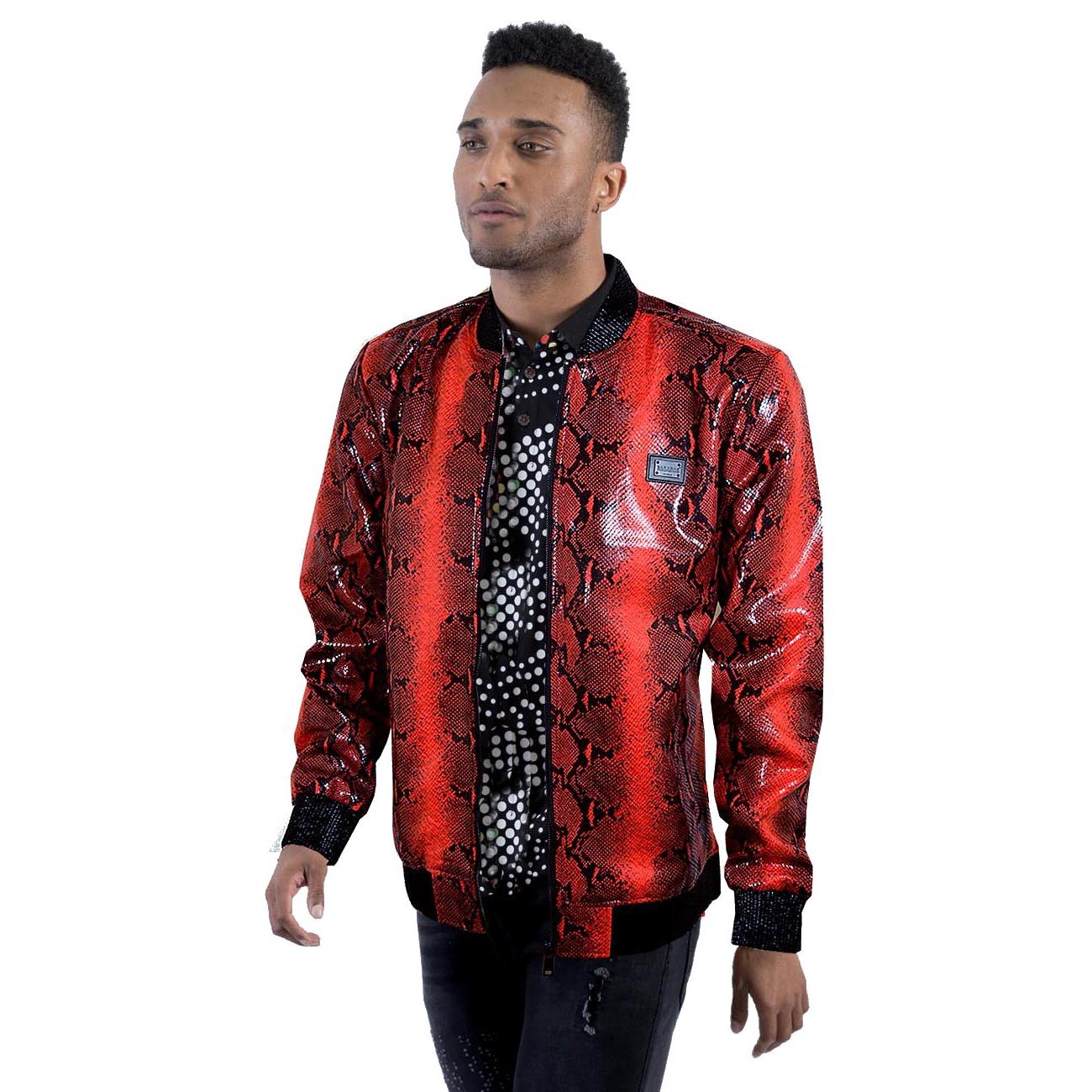 Bold Red Snake Pattern Faux Leather Jacket - Leather Skin Shop