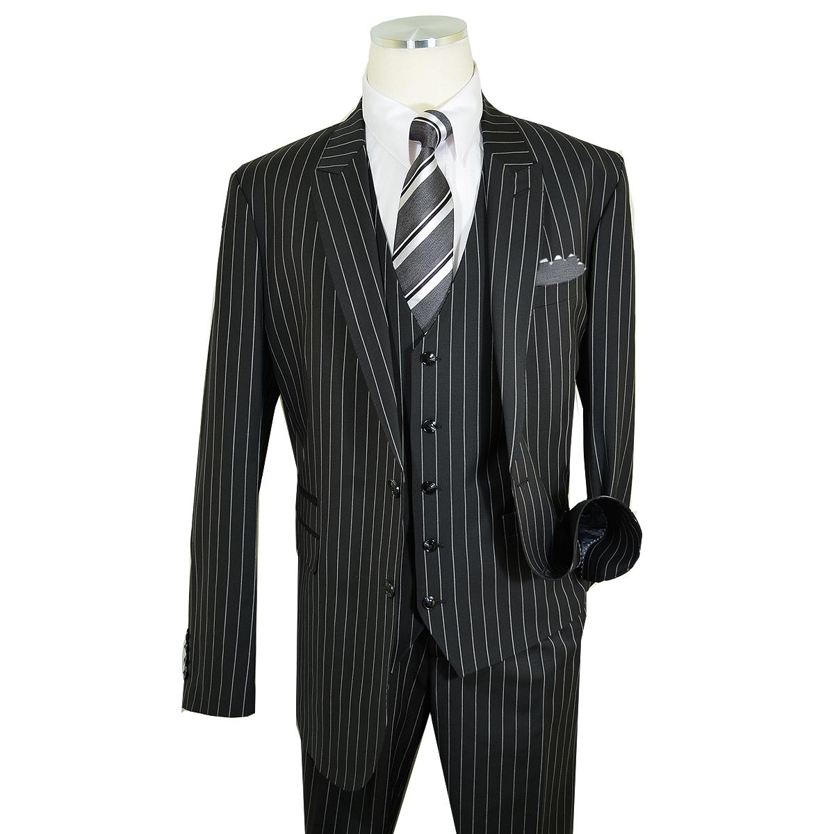 Extrema Black/Ivory Chalk Stripe Super 150's Wool Vested Wide Leg Suit