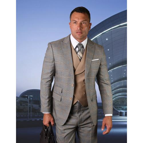 Statement "Tivoli" Camel / Black / White Super 180's Cashmere Wool Vested Modern Fit Suit