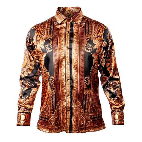 Prestige Black / Rust / Gold Satin Medusa Design Long Sleeve Shirt PR-313