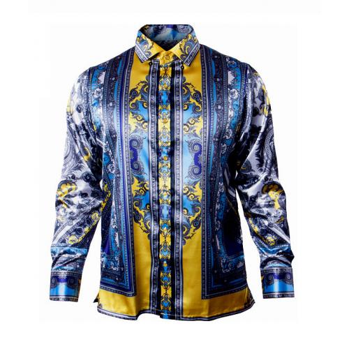 Prestige Yellow / Silver / Blue Satin Medusa Design Long Sleeve Shirt PR-319