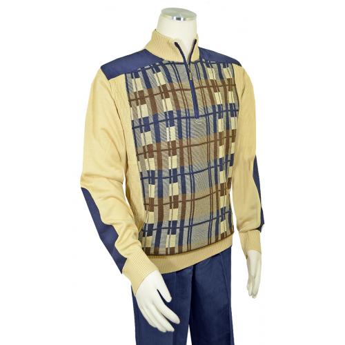 Bagazio Beige / Navy Half-Zip Microsuede Sweater Outfit / Elbow Patches BM1987