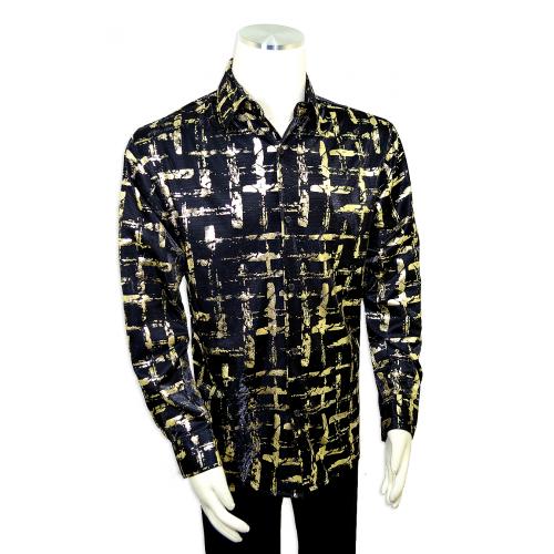 Pronti Black / Metallic Gold Abstract Design Long Sleeve Satin Shirt S6453