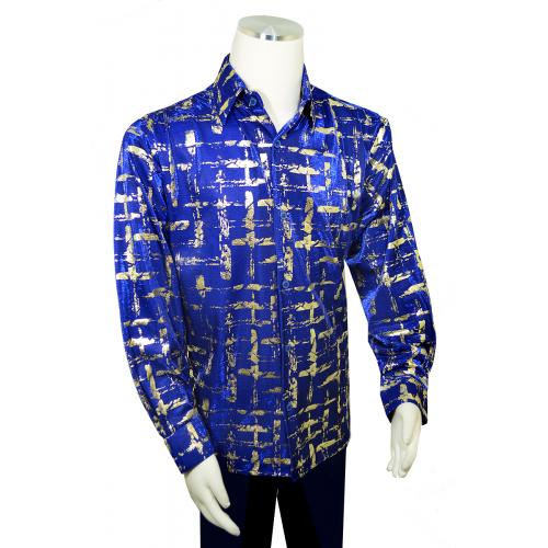 Pronti Royal Blue / Metallic Gold Abstract Design Long Sleeve Satin Shirt S6453