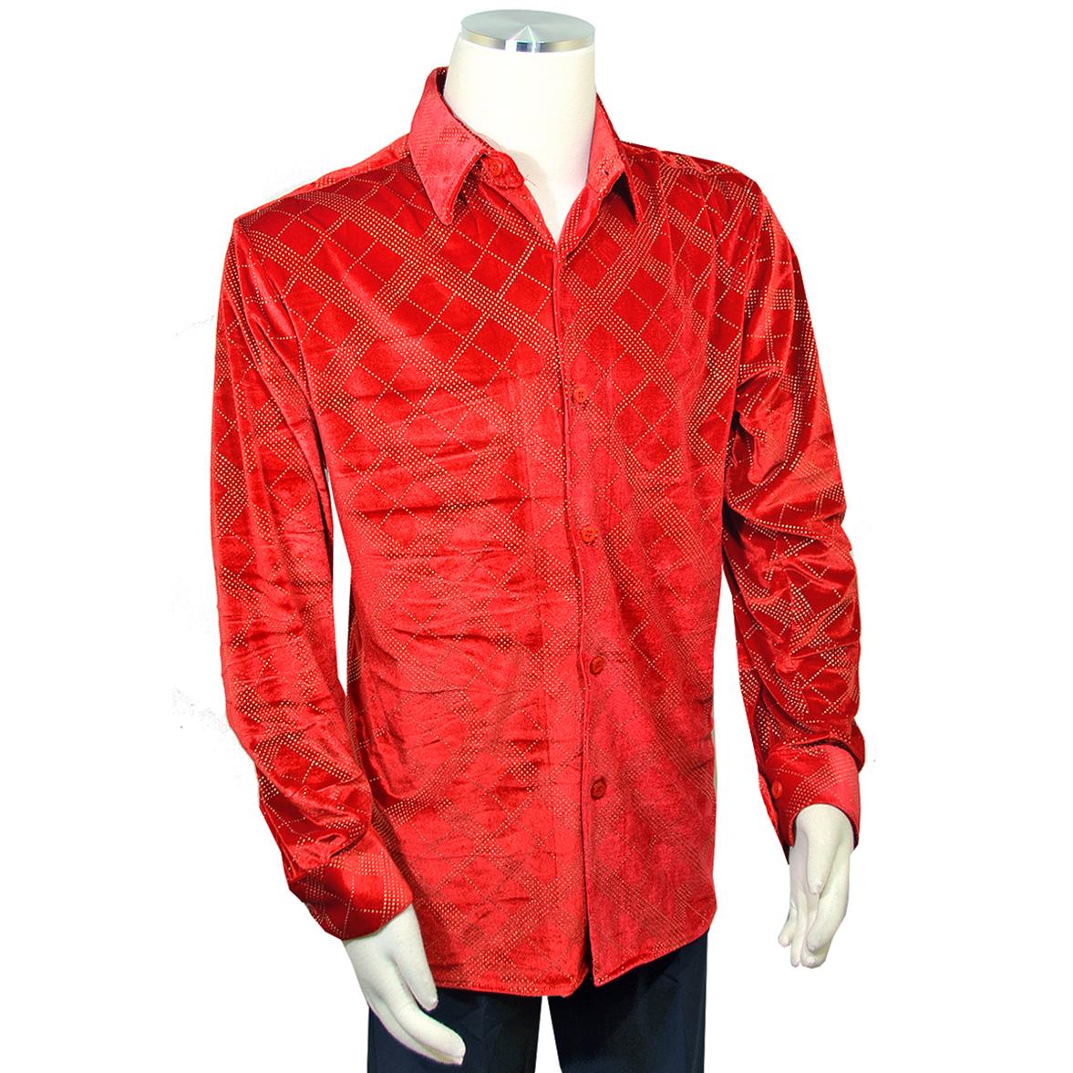 Pronti Red / Metallic Gold Studded Long Sleeve Velvet Shirt S6451 - $49 ...