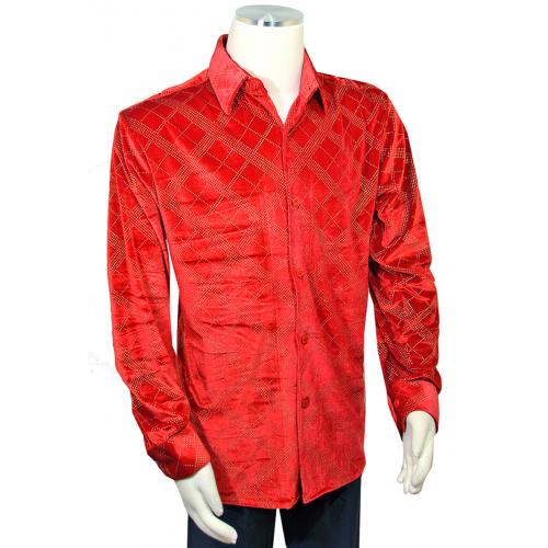 Pronti Red / Metallic Gold Studded Long Sleeve Velvet Shirt S6451