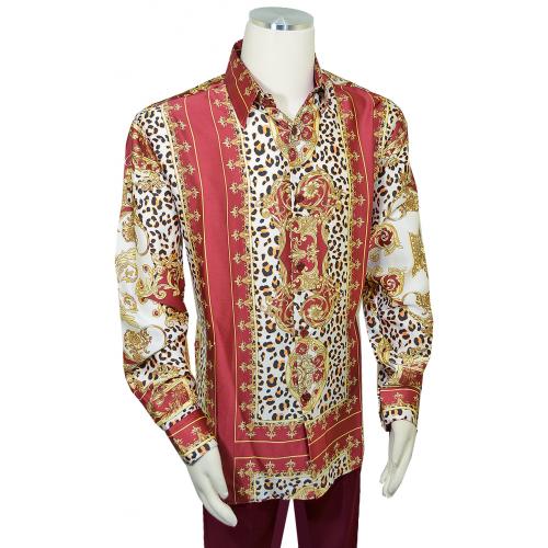 Pronti Burgundy / Gold Multi-Patterned Long Sleeve Satin Shirt S6419