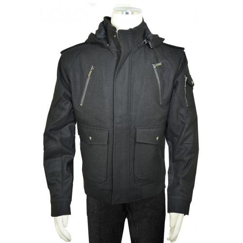 Vintage Black Wool Blend Parka Jacket With Removable Faux Fur Hood 81017