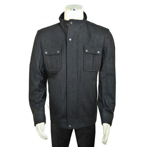 Vintage Black Wool Blend Stand Up Collar Hip Length Car Coat 81010