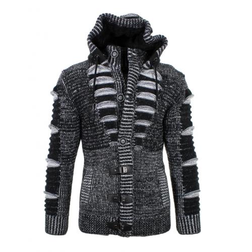 LCR Black / Silver Modern Fit Wool Blend Hooded Zip-Up Cardigan Sweater 5605