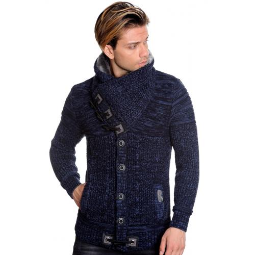 LCR Navy / Blue Button-Up Faux Fur Collar Modern Fit Wool Blend Sweater 7102