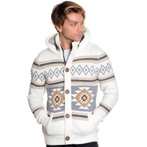 LCR Cream / Camel / Grey Modern Fit Wool Blend Hooded Cardigan Sweater 5945