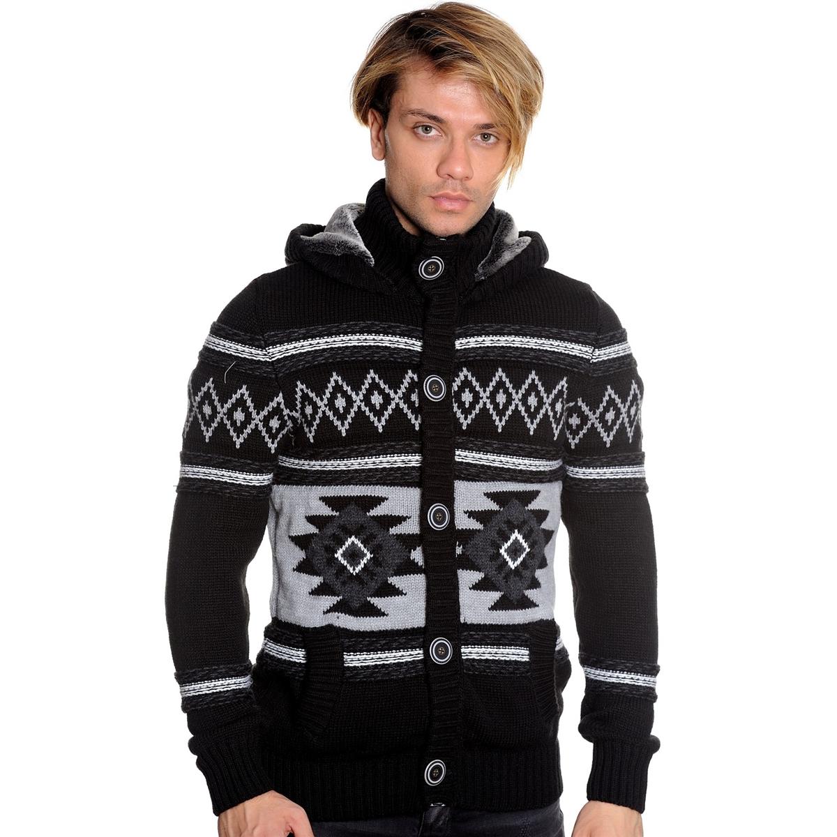 LCR Black / Grey / White Modern Fit Wool Blend Hooded Cardigan Sweater ...