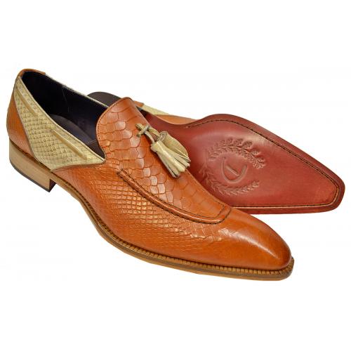 Duca "Cassino" Cognac / Beige Python Embossed Italian Calfskin Tasseled Loafers