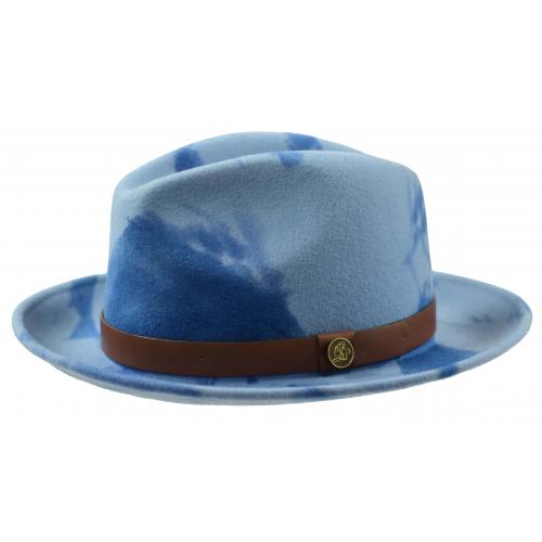 Steven Land Light Blue Camouflage Dyed Wool Fedora Hat / PU Leather Band SLHA-403
