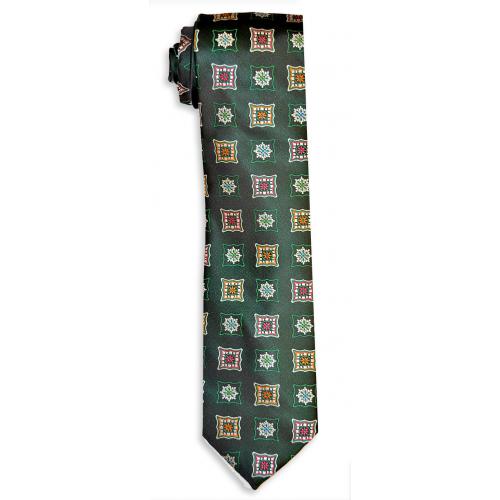 Barcelona 1371 Dark Green / Multi-Color Geometric Design Silk Necktie / Hanky Set