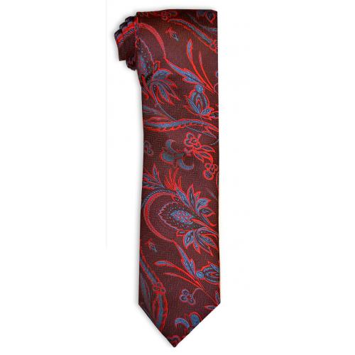Barcelona 1236 Red / Wine / Slate Blue Floral Design Silk Necktie / Hanky Set