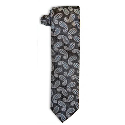 Barcelona 1218 Black / Charcoal / Silver Paisley Silk Necktie / Hanky Set