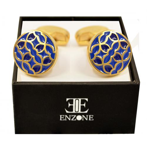 Enzone Brushed Gold Plated / Royal Blue / Navy Round Cufflink Set 9733
