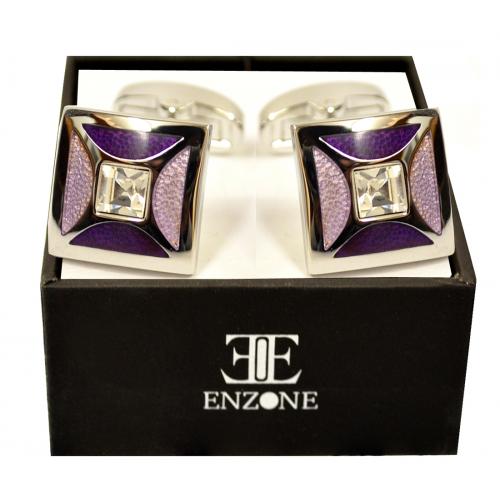 Enzone Silver Plated / Purple / Lilac / Crystal Studded Square Cufflink Set 4274