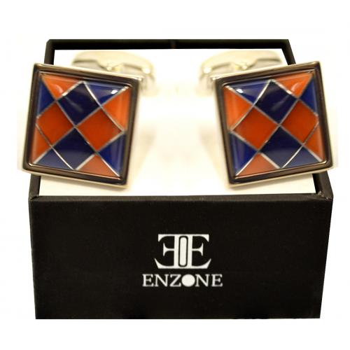 Enzone Silver Plated / Cognac / Navy Square Cufflink Set 6206