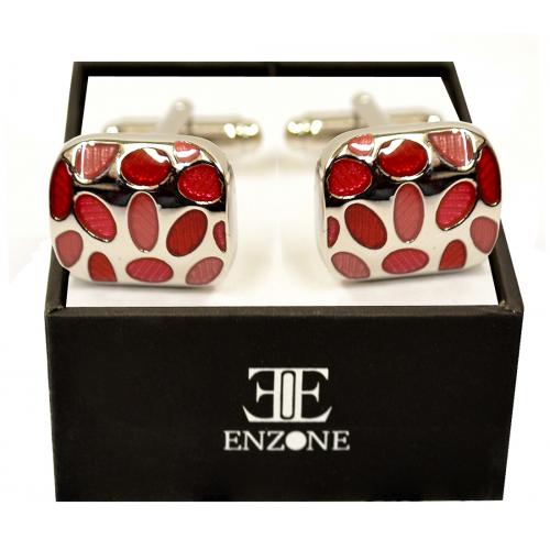 Enzone Silver Plated / Red / Salmon Studded Rectangle Cufflink Set 6381
