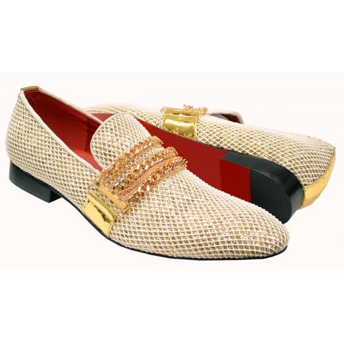 Fiesso White / Gold Woven Leather Lined Slip-On With Metal Toe / Chains FI7475