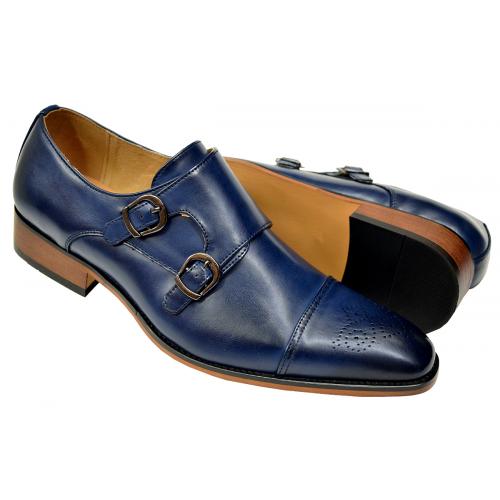 UV Signature Navy Blue Hand Burnished Vegan Leather Double Monk Strap Shoes G6859-389