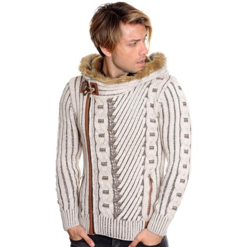 LCR Beige / Brown Zip-Up Faux Fur Lined Modern Fit Wool Blend Hooded Sweater 5555