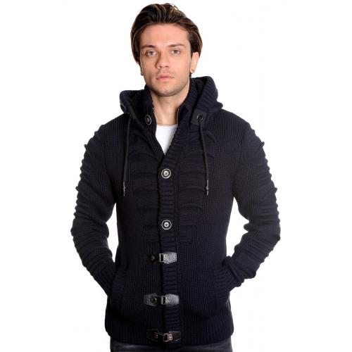 LCR Navy Blue Modern Fit Wool Blend Hooded Zip-Up Cardigan Sweater 5607