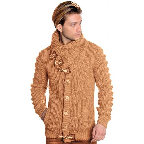 LCR Camel Button-Up Modern Fit Wool Blend Shawl Collar Cardigan Sweater 5587