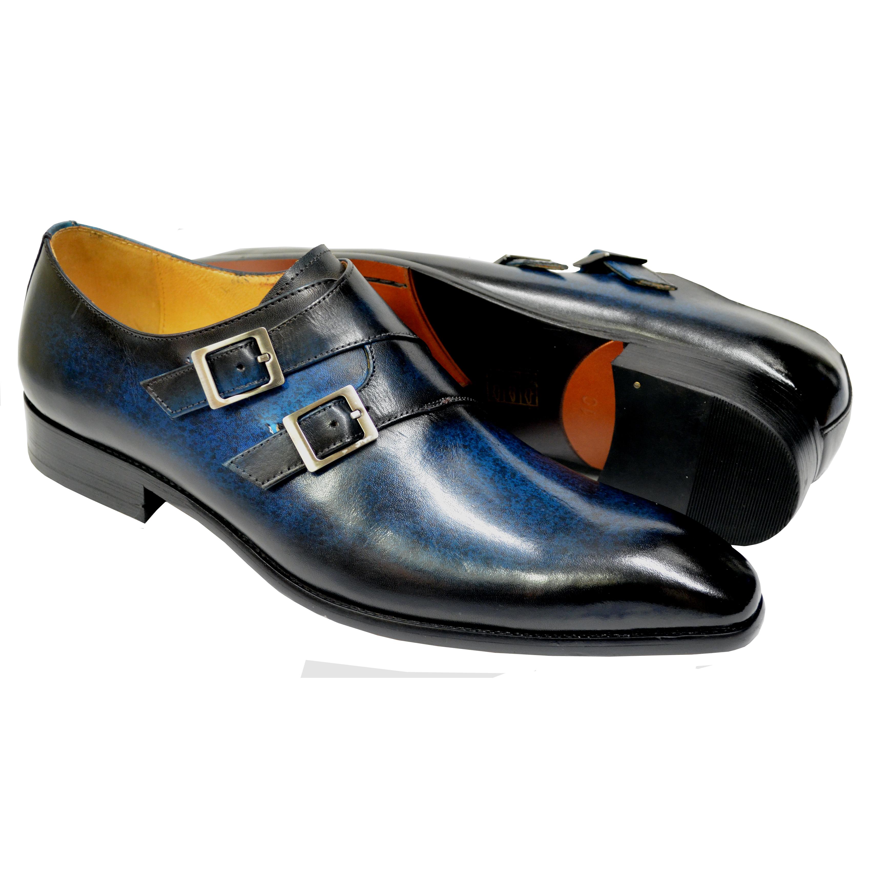 Carrucci Navy / Blue Hand Speckled Calfskin Double Monk Strap Shoes ...