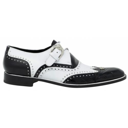 Mauri "Godfather" 3051 Black / White Genuine Body Alligator / Calf Studded Monk Strap Wingtip Shoes.