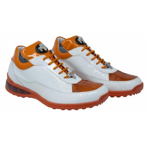 Mauri "Bubble" 8900/2 White / Orange Genuine Baby Crocodile Hand Painted / Patent / Embossed Patent Sneakers.