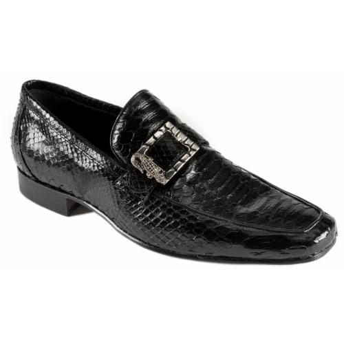 Mauri 4925 Black Genuine Python Loafer With Alligator Buckle Shoes.