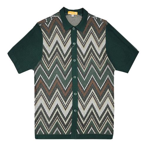 Silversilk Dark Green / Brown / White Button Up Knitted Short Sleeve Shirt 8118