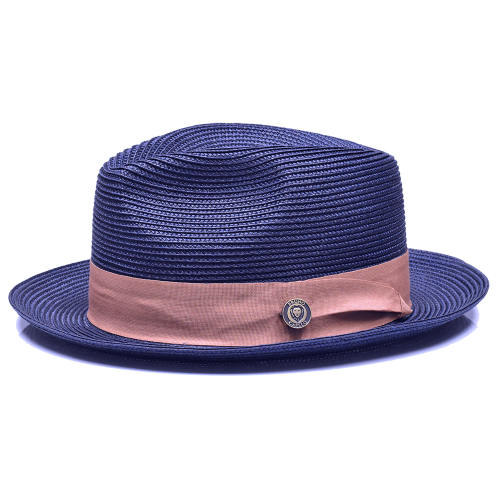 Bruno Capelo Navy Blue / Camel Fedora Braided Straw Hat FN-834.
