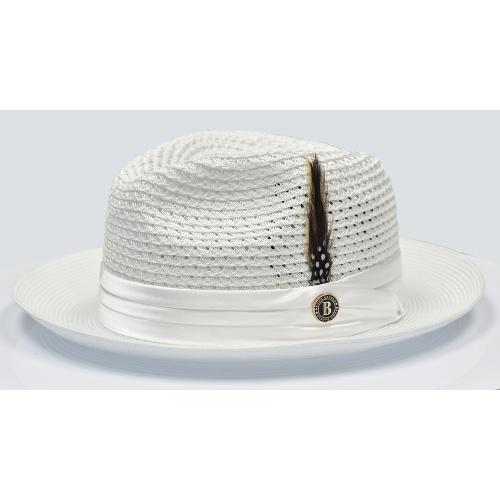 Bruno Capelo White Straw Fedora Hat w/Wide Brim and Feathers