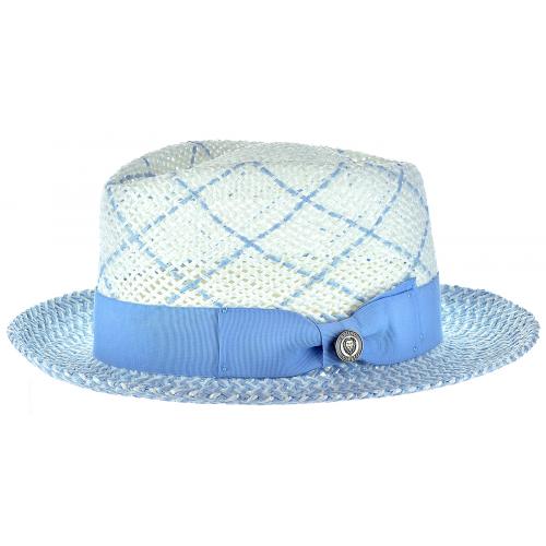 Bruno Capelo White / Light Blue Multi Patterned Diamond Crown Fedora Straw Hat EN-972