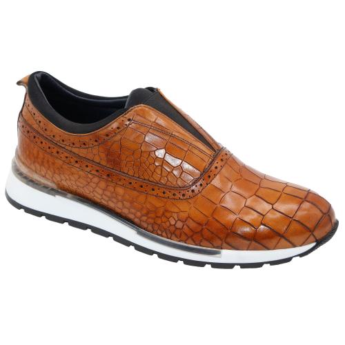 Duca Di Matiste "Imola" Cognac Genuine Calfskin Leather / Crocodile Print Slip On Sneakers.