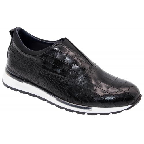 Duca Di Matiste "Imola" Black Genuine Calfskin Leather / Crocodile Print Slip On Sneakers.