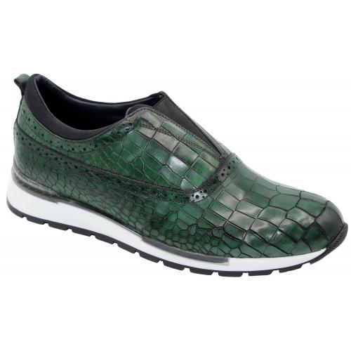 Duca Di Matiste "Imola" Green Genuine Calfskin Leather / Crocodile Print Slip On Sneakers.