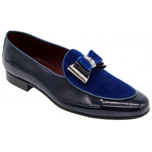 Duca Di Matiste "Scala" Blue / Silver Genuine Velvet / Patent Leather Bow Tie Loafers.