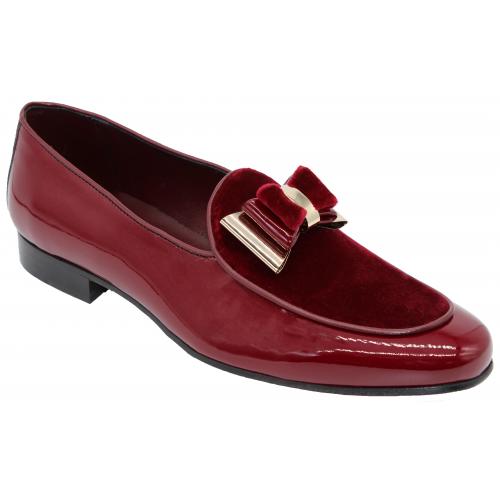 Duca Di Matiste "Scala" Burgundy / Gold Genuine Velvet / Patent Leather Bow Tie Loafers.