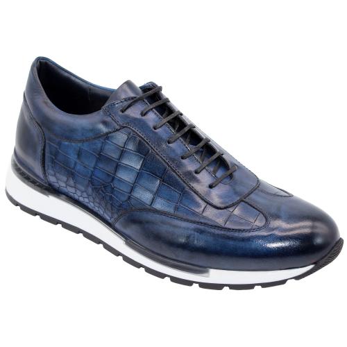 Duca Di Matiste "Varsi" Navy Genuine Calfskin Leather / Crocodile Print Lace-Up Sneakers.