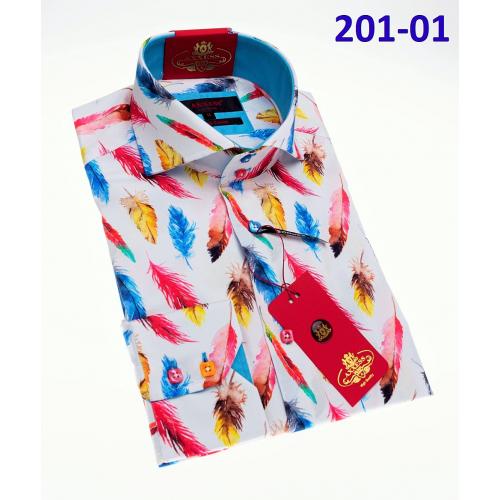 Axxess White Multi Color Feather Design Cotton Modern Fit Dress Shirt With Button Cuff 201-01.