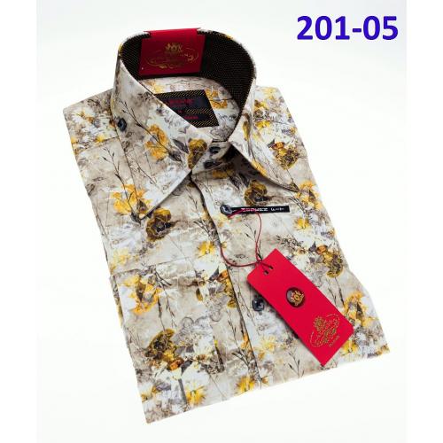 Axxess Off-White / Gold Cotton Modern Fit Dress Shirt With Button Cuff 201-05.
