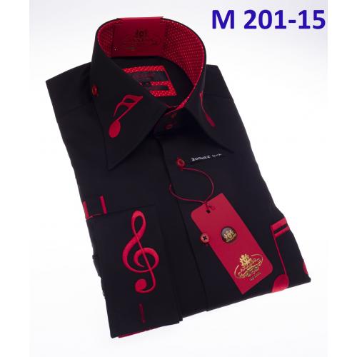 Axxess Black / Red Music Note Embroidery Cotton Modern Fit Dress Shirt With French Cuff M201-15.